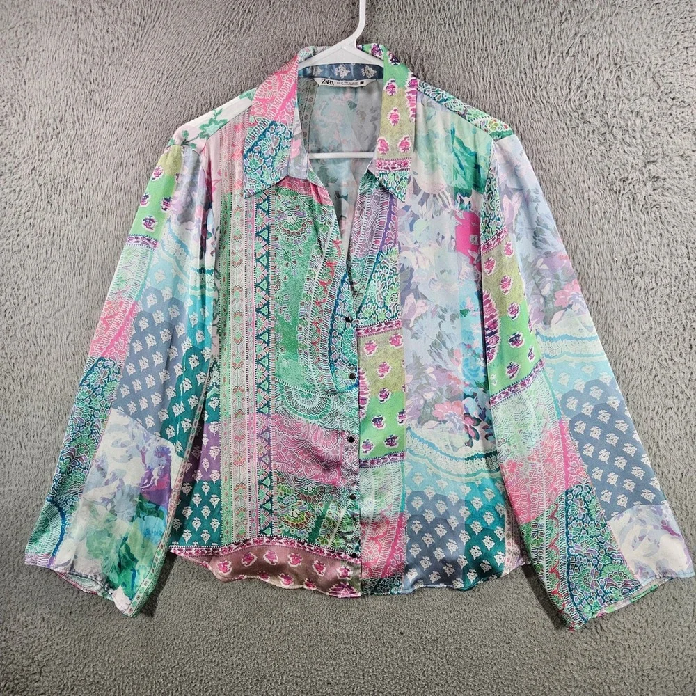 Zara Womens XL Patchwork Paisley Floral Print Button Down Shirt Multi Color - Picture 1 of 9